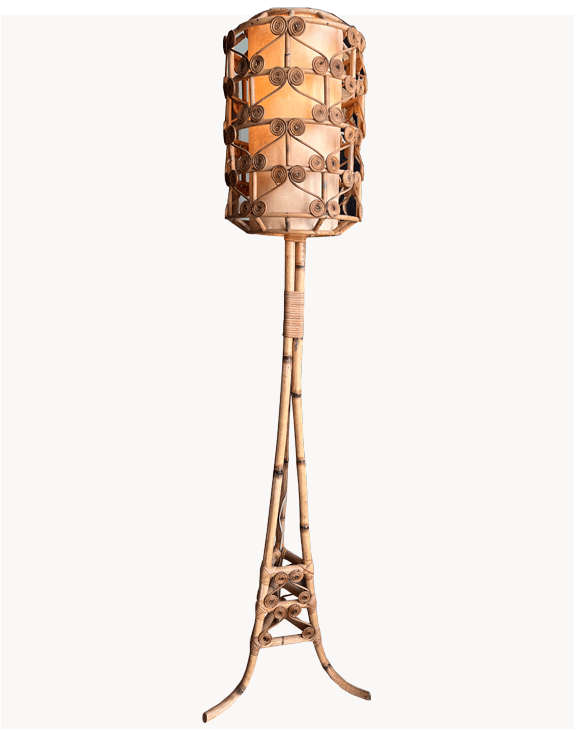 Lampadaire tripode en bambou et rotin
